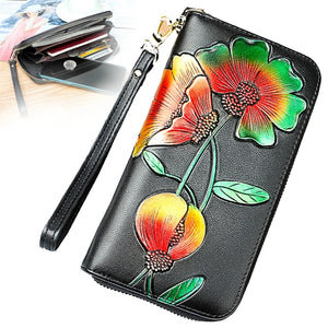 Leather Wallet with Floral Tulip Embossing Zipper Long Clutch