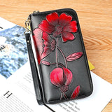 Leather Wallet with Floral Tulip Embossing Zipper Long Clutch