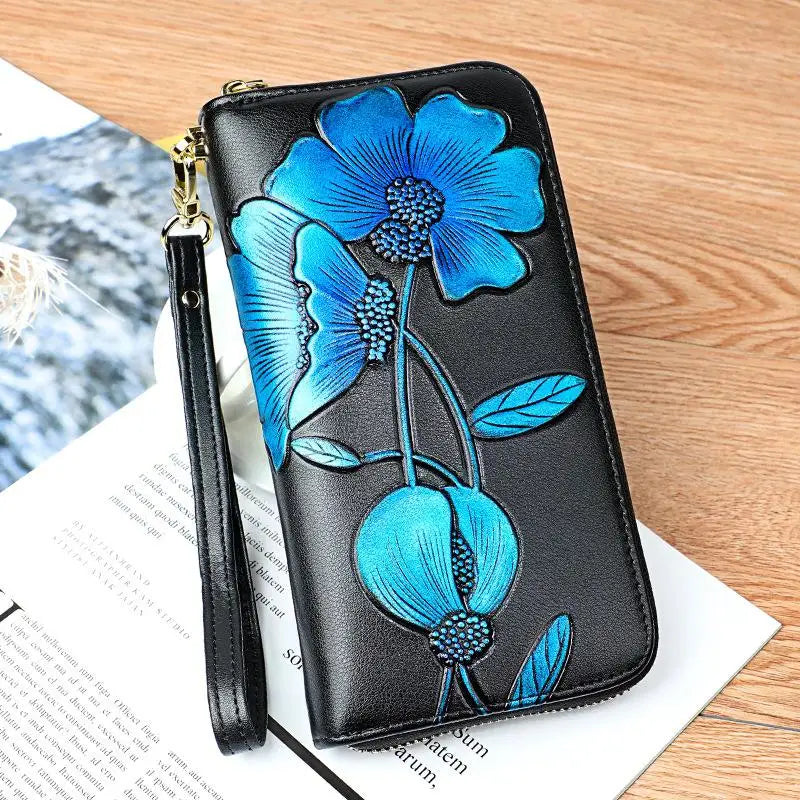 Leather Wallet with Floral Tulip Embossing Zipper Long Clutch