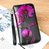 Leather Wallet with Floral Tulip Embossing Zipper Long Clutch