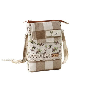 Women's Cotton Wallets Floral Plaid Phone Purses Coin Pouches Shoulder Bags