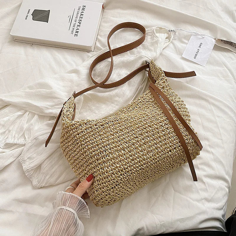 Large Capacity Women's Woven Beach Bag Hobo Straw Shoulder Handbag