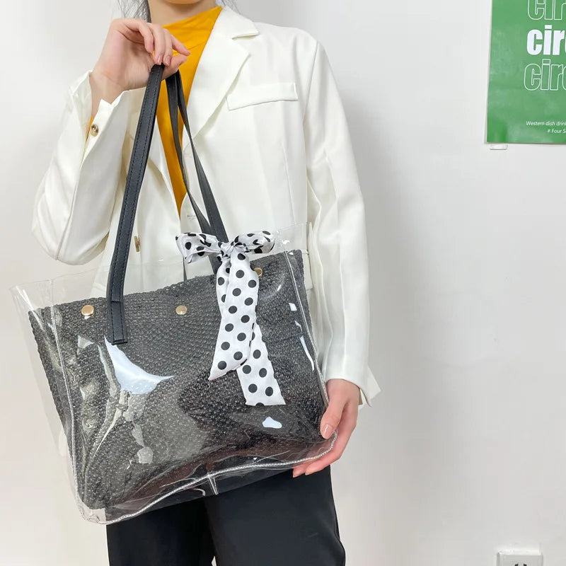 Women's Transparent Jelly Tote Bag Straw Woven Handbag