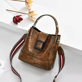 Women's PU Leather Solid Bucket Bag Retro Shoulder Embossed Stone Pattern