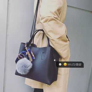 Women's PU Leather Wool Ball Bucket Bag Mother Lady Messenger Shoulder Handbag