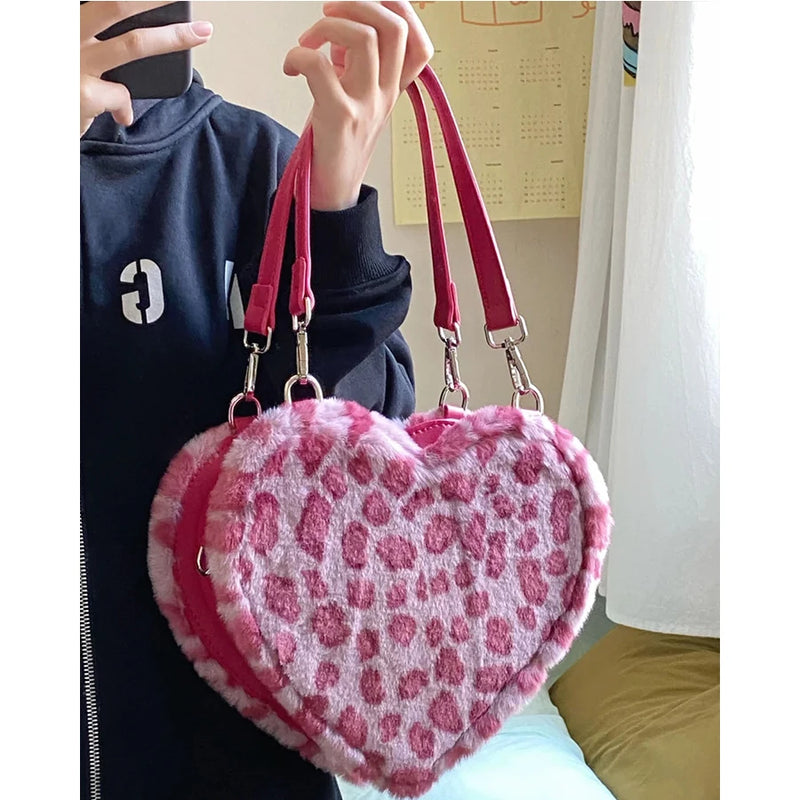Plush Love Shape Box Bag Leopard Handbag