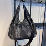 Women's Tie-Dye Denim Shoulder Bag with Leather Strap