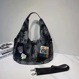 Women's Tie-Dye Denim Shoulder Bag with Leather Strap