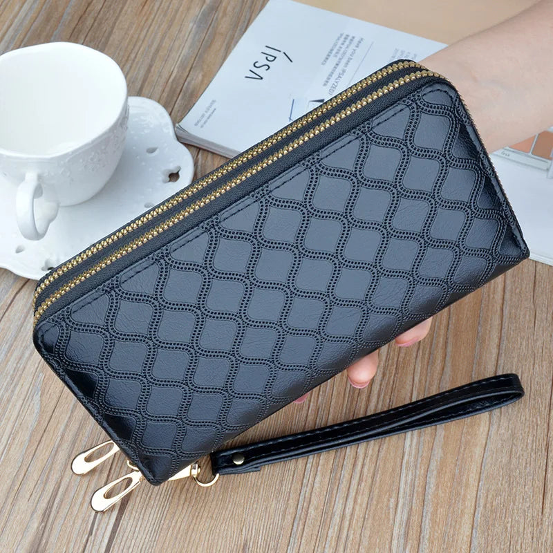 Women's Double Zipper Lady Handbag with Bright Diamond Pattern