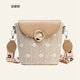 Wide Strap Shoulder Bag Lace Flower Woven Bucket Bag