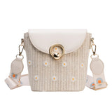 Wide Strap Shoulder Bag Lace Flower Woven Bucket Bag