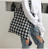 Women's Plaid Canvas Shopping Shoulder Bag Large-capacity Handbag