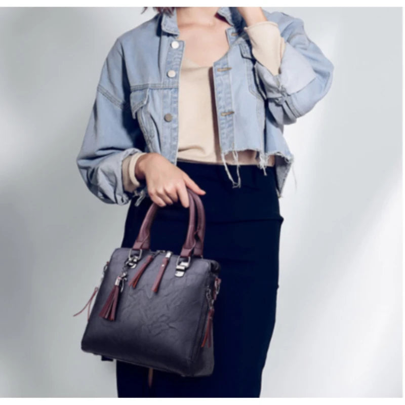 Solid Fringe Shoulder Zip Tote Handbag for Women