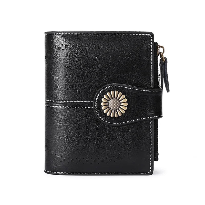 Women's Short Wallet Oil Wax Cow Leather RFID Anti-Theft Wallet