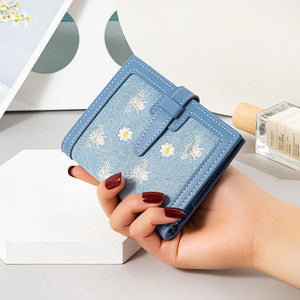 Embroidered Women's Short Wallet Draw Belt Card Slot Zero Wallet