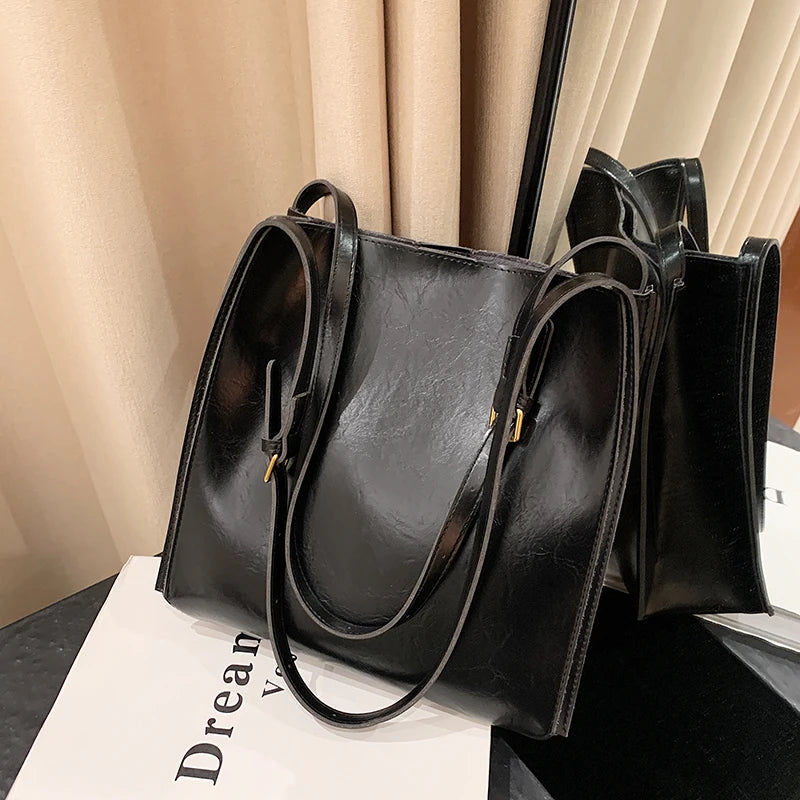 Vintage Solid Briefcase Leather Women's Shoulder Bag