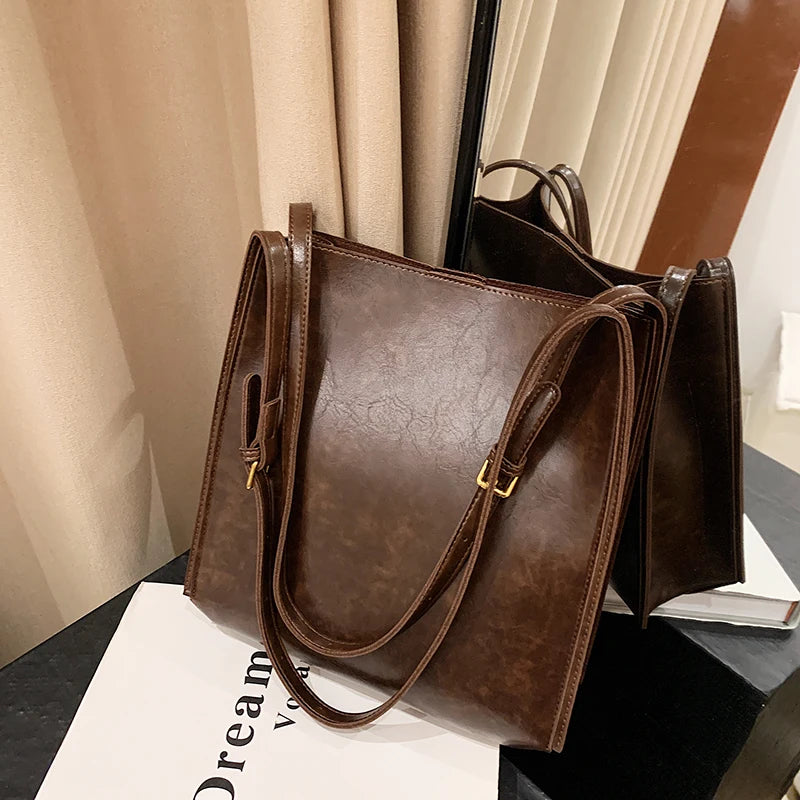 Vintage Solid Briefcase Leather Women's Shoulder Bag