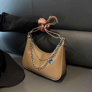Solid Leather Shoulder Bag with Silver Chain - Mini Mobile Phone Messenger Bag