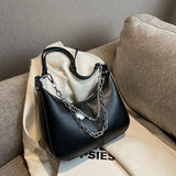 Solid Leather Shoulder Bag with Silver Chain - Mini Mobile Phone Messenger Bag
