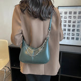 Solid Leather Shoulder Bag with Silver Chain - Mini Mobile Phone Messenger Bag
