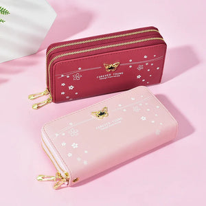 Women's Star Print Long Clutch Bag with Double Zipper and Hand Strap