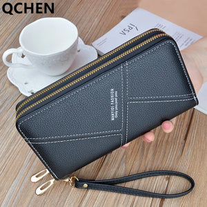 Women's Splicing Long Clutch Wallet Double Zipper Hand Strap Bag