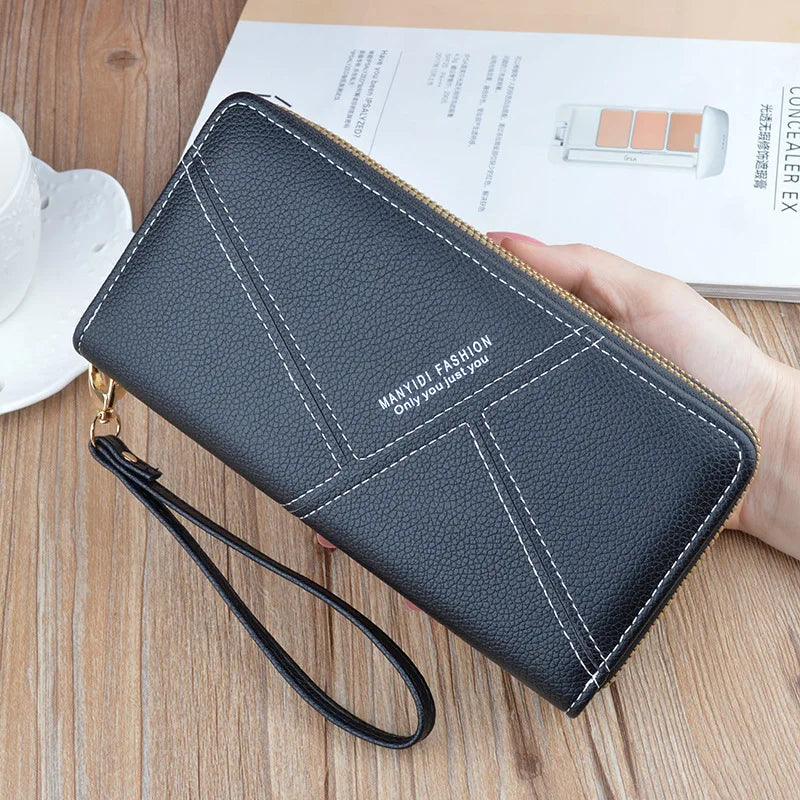 Women's Splicing Long Clutch Wallet Double Zipper Hand Strap Bag