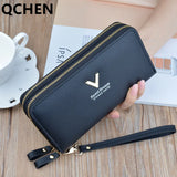 Women's Long Clutch Bag with Double Zipper and Hand Strap