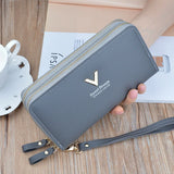 Women's Long Clutch Bag with Double Zipper and Hand Strap