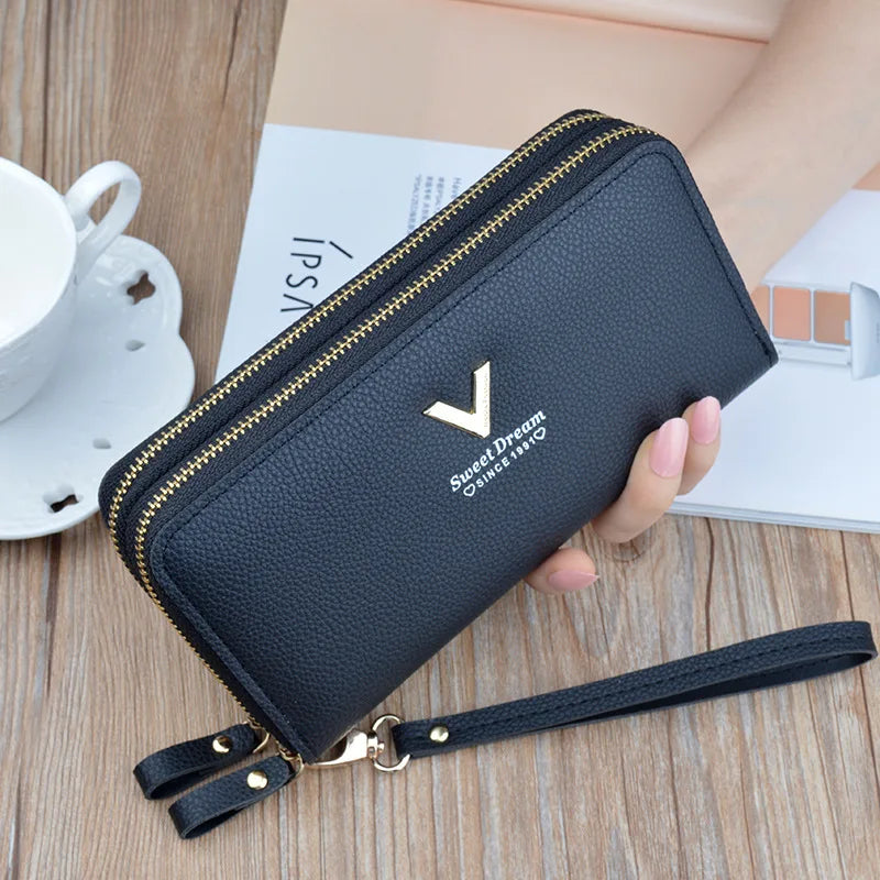 Women's Long Clutch Bag with Double Zipper and Hand Strap