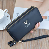 Women's Long Clutch Bag with Double Zipper and Hand Strap