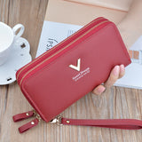 Women's Long Clutch Bag with Double Zipper and Hand Strap