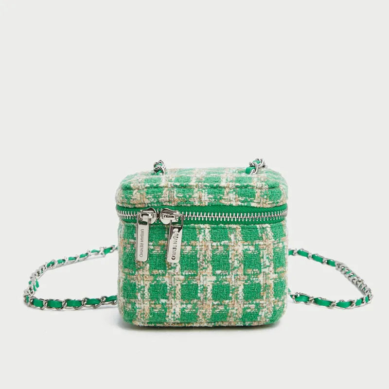 Women's Retro Woolen Chain Messenger Bag Mini Bucket Bag