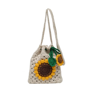 Women Floral Weaving Shoulder Bag Hand Crochet Bucket Bag
