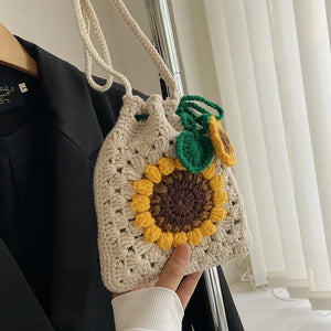 Women Floral Weaving Shoulder Bag Hand Crochet Bucket Bag