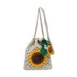 Women Floral Weaving Shoulder Bag Hand Crochet Bucket Bag