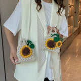 Women Floral Weaving Shoulder Bag Hand Crochet Bucket Bag