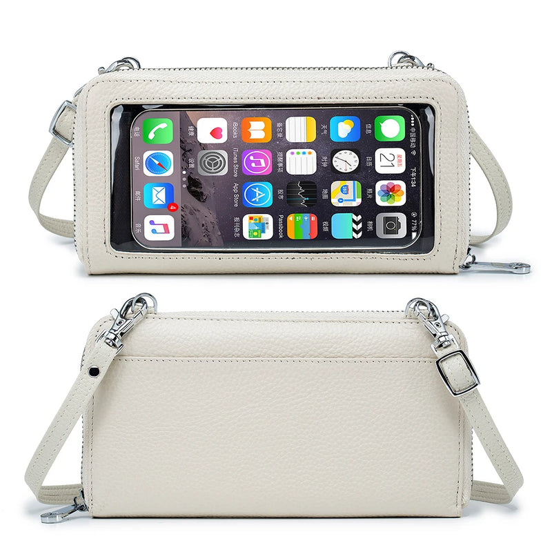 Womens Cow Leather Cell Phone Crossbody Bag with Touch Screen Wallet