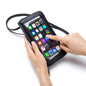 Womens Cow Leather Cell Phone Crossbody Bag with Touch Screen Wallet