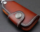 Red Brown Cowhide Leather Car Key Holder Case for Women