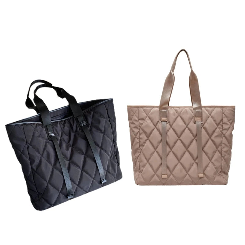 Large Capacity Nylon Tote Bag Vintage Quilted Pattern Solid Office Work T