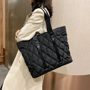 Large Capacity Nylon Tote Bag Vintage Quilted Pattern Solid Office Work T