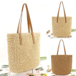 Womens Retro Handbag Straw Woven Beach Bag Large Capacity