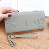 Leaf Print PU Leather Wallet Women Purse Large Capacity Phone Bag