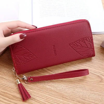 PU Leather Women's Wallet Leaf Print Long Purse Large Capacity Bag