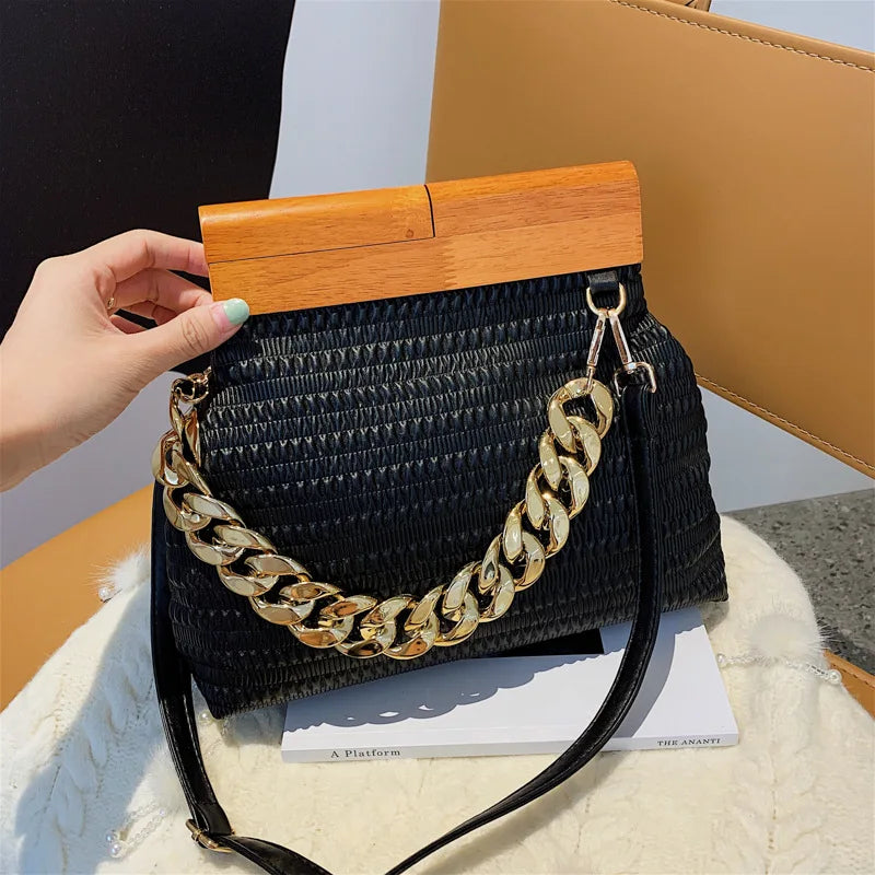 Wooden Buckle Clutch Shoulder Bag Chain Crossbody Bag