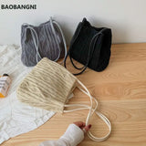Wool Knitted Women's Shoulder Bag Woven Striped Handbag Buckle Bucket Tote Bags
