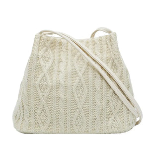 Wool Knitted Women's Shoulder Bag Woven Striped Handbag Buckle Bucket Tote Bags