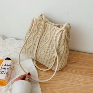 Wool Knitted Shoulder Bag Striped Handbag Bucket Tote Shopping Bags