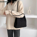 Wool Knitted Women's Shoulder Bag Woven Striped Handbag Buckle Bucket Tote Bags